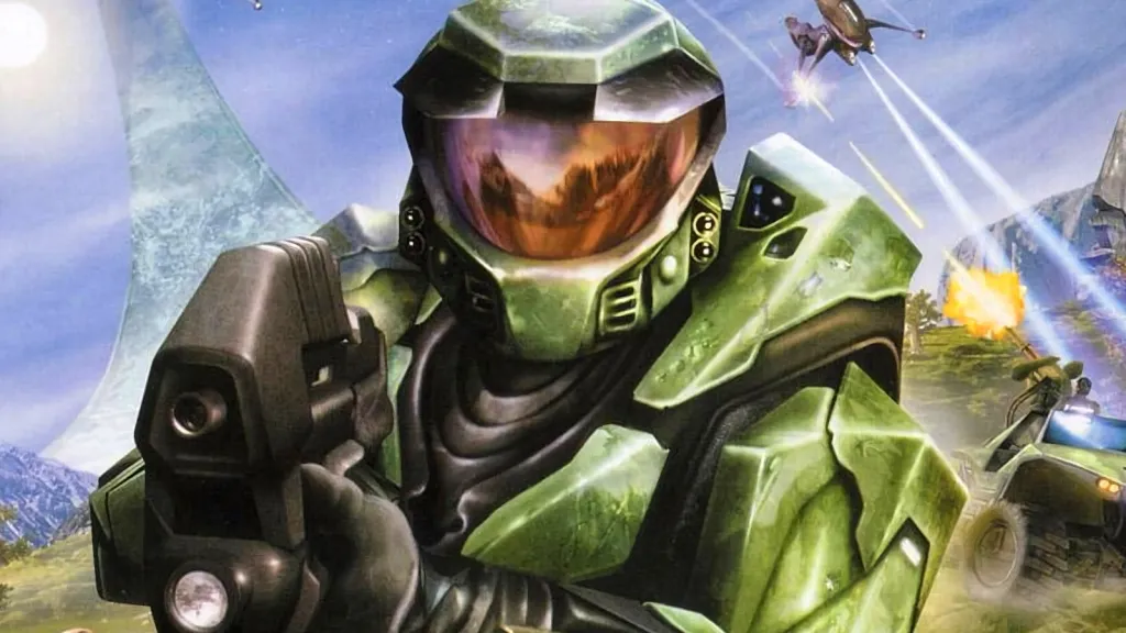 Master Chief close up from the original cover art for Halo: Combat Evolved