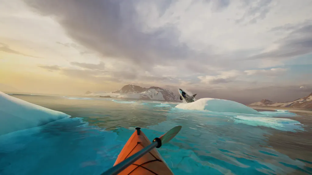 Kayak VR Mirage screenshot shows a whale jumping out of the water in Antarctica