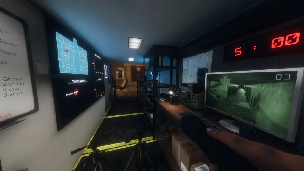 POV of a player in the Phasmophobia van holding a flashlight and watching security cameras