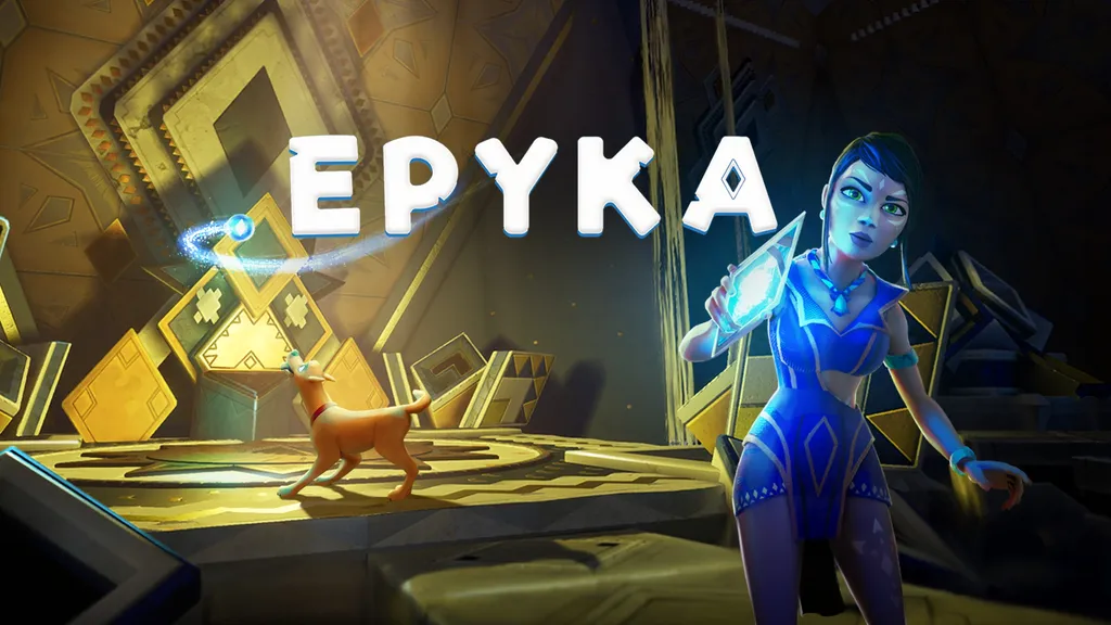 Epyka key art shows a dog on a platform to the left, a woman holding a crystal on the right