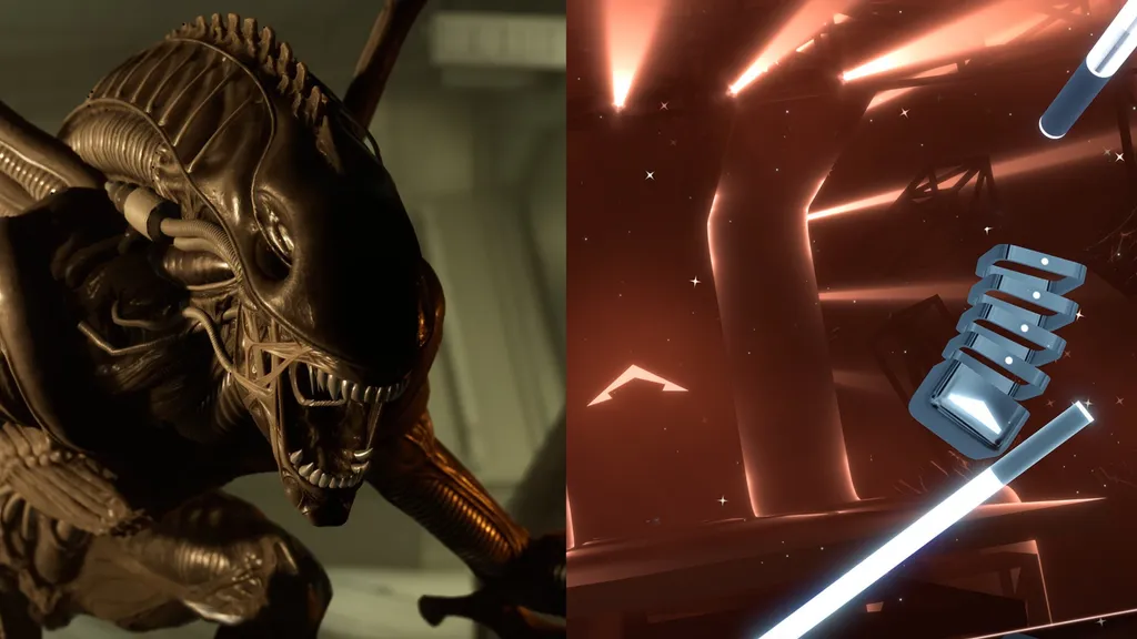 Two images - left side shows a Xenomorph from Alien: Rogue Incursion, right side is Beat Saber