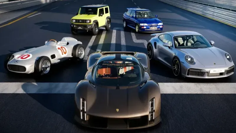 Gran Turismo 7 shows five cars parked up in the middle of a road