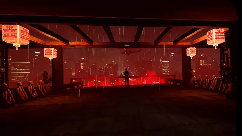 a fight arena is lit by red lights next to a balcony overlooking the city, a strange figure standing in the distance